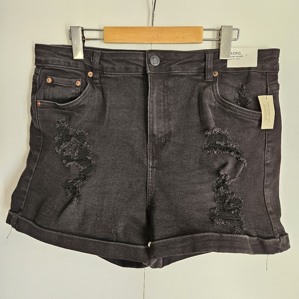 AEROPOSTALE Mom Denim Jean Short Vintage Stretch Distressed Faded Black Size 14